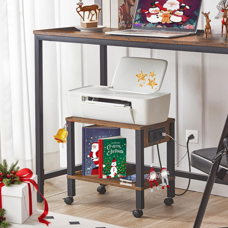 Support pour imprimante à 2 niveaux avec station de charge, sous la table de bureau, chariot avec tablettes de rangement, tablette pour petits espaces