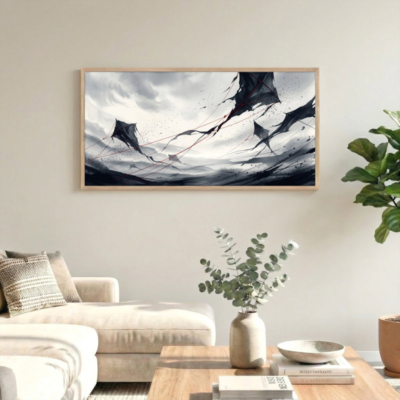 Ensemble de 1 tableau abstrait sur toile représentant des cerfs-volants, L 58 po x H 28 po, Naturel