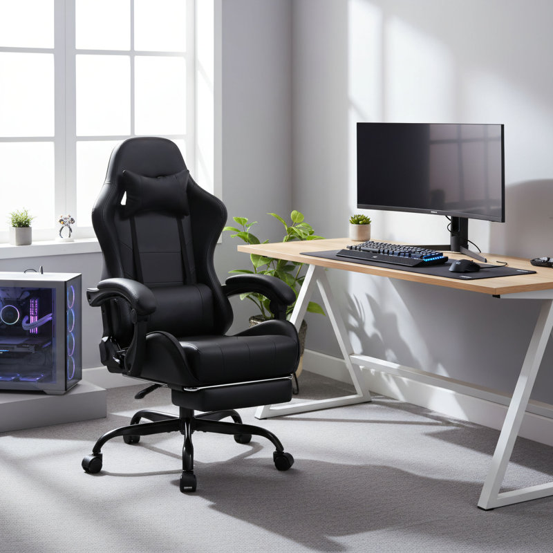 Black Gaming Chair For Home And Office Use, High Back With Reclining Function, Footrest And Lumbar Support, Compatible With Computer Desks.
