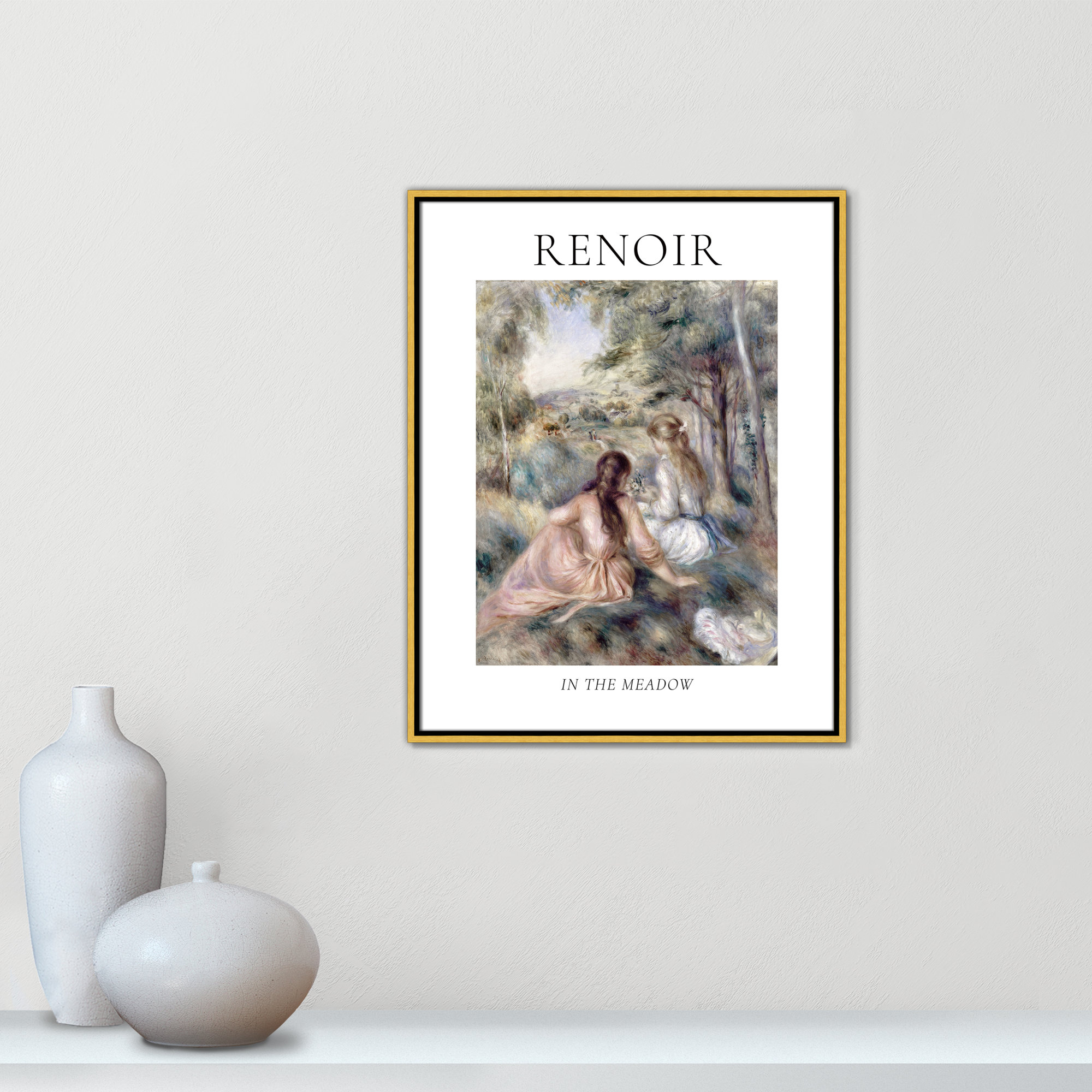 Old Masters Collection " In The Meadow " by Auguste Renoir, Gold Floater Frame, 29.5" H x 23.5" W x 2" D, No