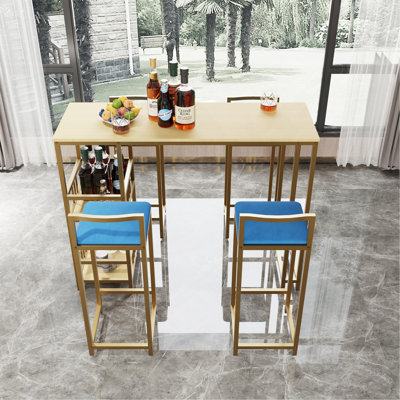 Ensemble de table de bar et chaise cinq pièces, structure dorée, plateau de table multicouche, coussin de chaise et dossier en éponge, table avec fonction de rangement (or + beige + bleu)
