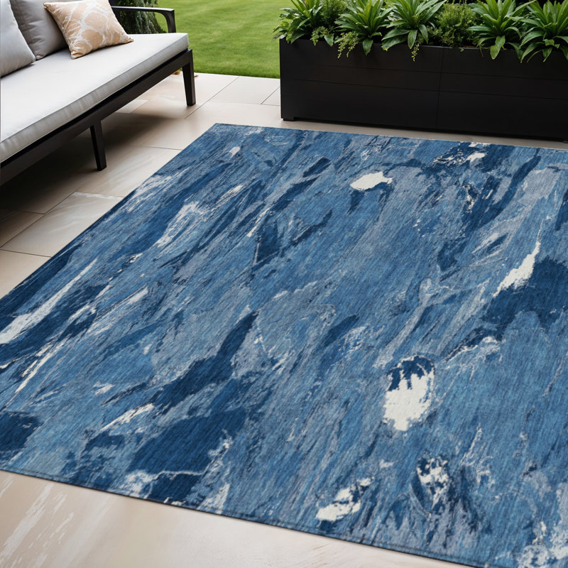 Tapis extérieur lavable abstrait bleu marine et bleu 5 pi x 8 pi