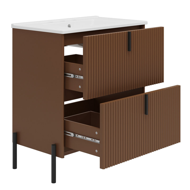 30" Bathroom Vanity With Ceramic Sink, Equipped With Vertical Pulls And Full-Extension Drawers, Freestanding Bathroom Vanity With Soft Close Drawer Slides, Fluted Design, Dark Brown