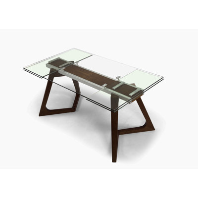 Cresskill Extendable Glass Top Solid Wood Base Dining Table