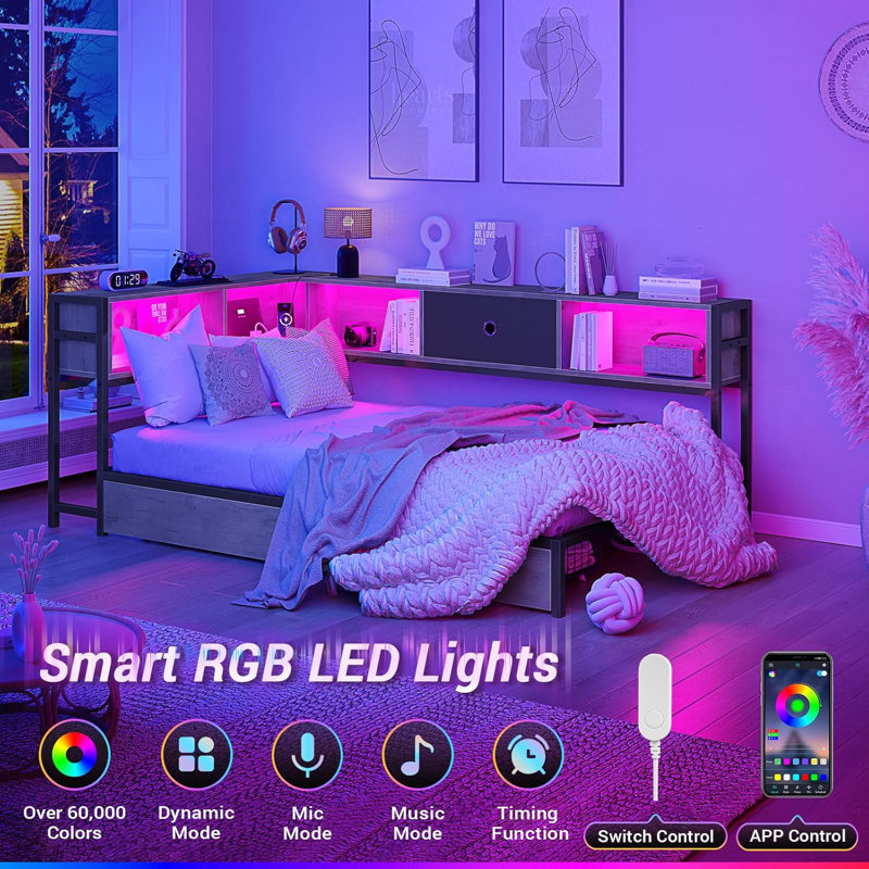 Corner Bed Frame  With Led Light And Charging Station, Modern  Bed With Bookcase And 2 Underbed Storage Drawers, Modern Daybed No Box Spring Needed/noise-free