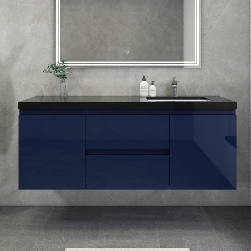 Castin 60" Wall-Mounted Single Right Sink Bathroom Vanity Set, Glossy Blue