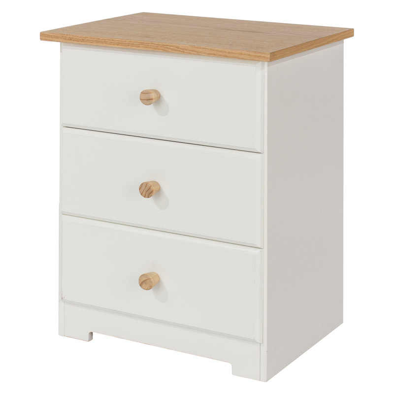 Ainsa 3-Drawer Bedside Table, Soft White Painted with Oak Effect Top