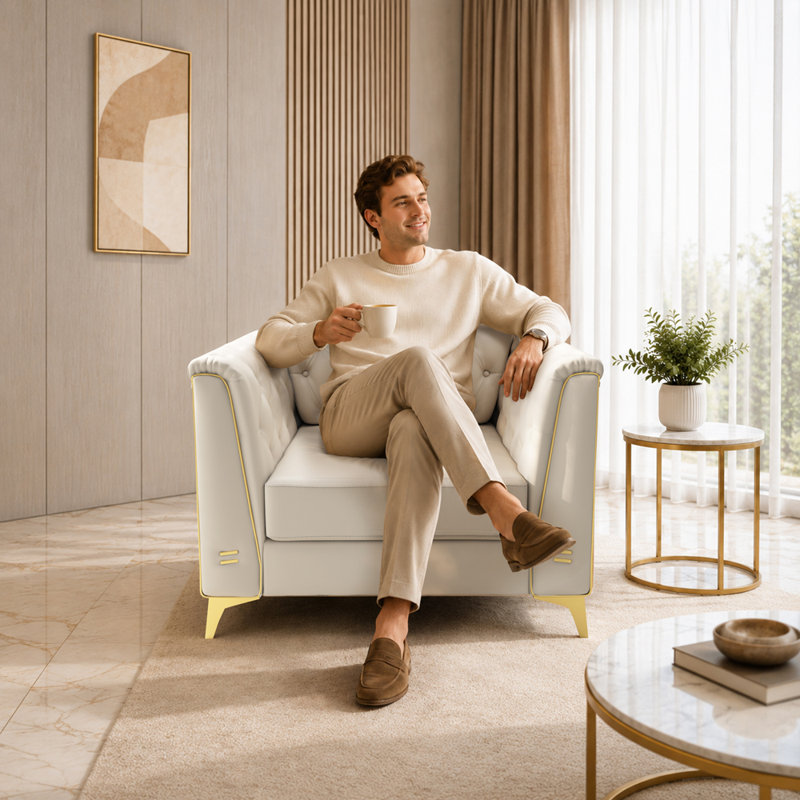 Canapé 1 place avec 1 coussin, Beige Faux Leather