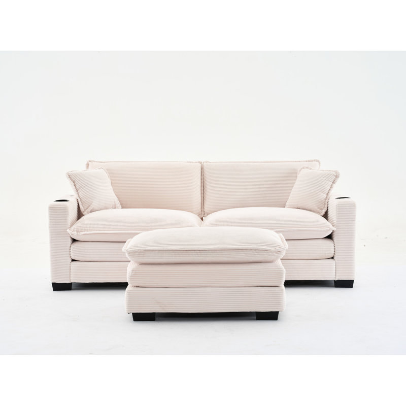 Canapé en velours côtelé beige avec 2 sièges, port et porte-gobelet - Transformez votre salon, appartement, bureau en forme de L en place pour un style confortable
