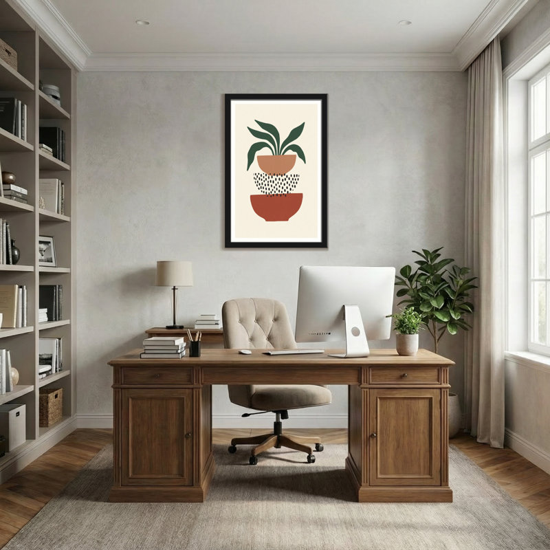 Plante abstraite dans des pots empilés avec motif en pointillé, H 12 po x l 18 po