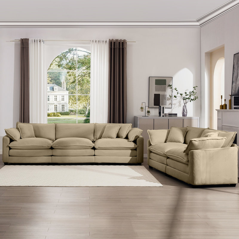 Salon moderne deux pièces: 2 canapés 2, tissu velours côtelé brun clair, revêtement de 8 coussins, fauteuil inclinable profond, paire de canapés élégants avec coussins