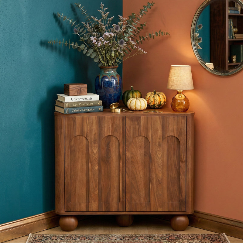 31.1" Modern Corner Cabinet With Arched Doors - Space Saving Small Storage Cabinet For 90 Degree Corners - Natural Wood Accent Cabinet With Adjustable Shelf