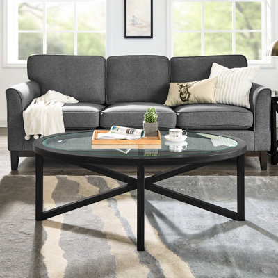 Table basse moderne en verre avec structure en bois massif de peuplier et plateau trempé pour espace d'attente - facile à entretenir, charge de trépied de loisirs simple et transparente de 250 lb, structure stable, structure stable