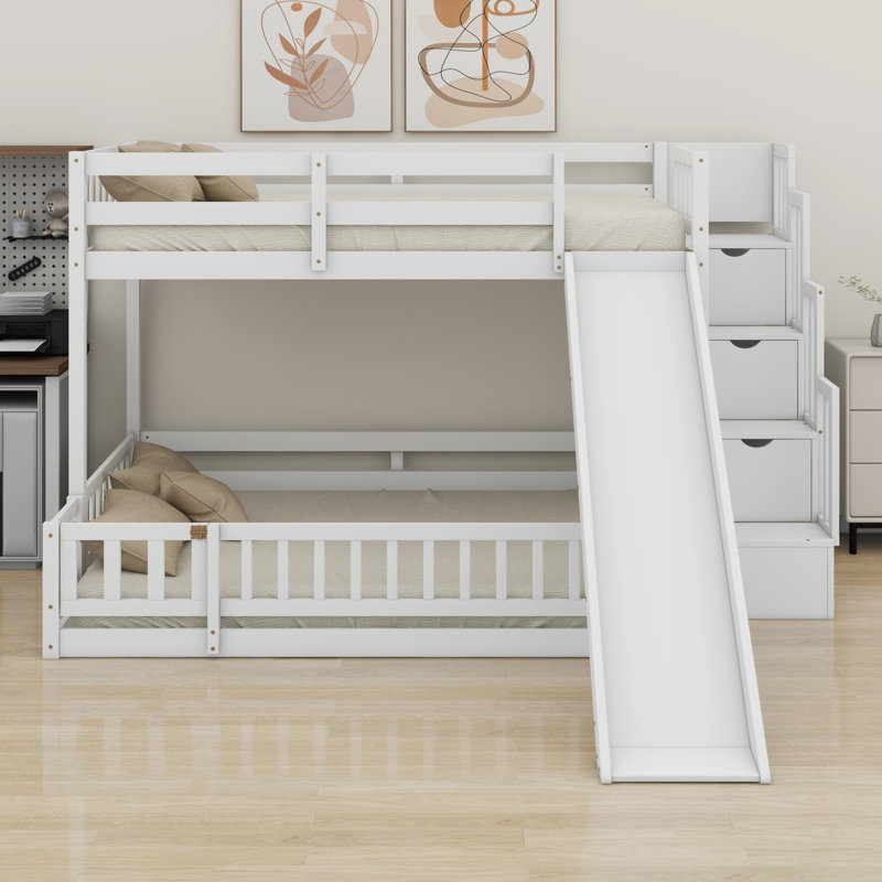 Lit superposé avec glissade, escalier de rangement et garde-corps de sécurité, Blanc