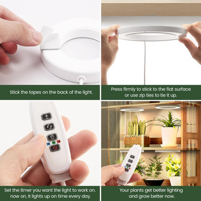 Plafonniers de croissance pour plantes d'intérieur, 288 Leds à pleine lumière, lampe de culture sous l'armoire avec minuterie automatique, 10 niveaux d'intensité, 3 modes avec couvercle transparent, avec cordon (blanc)