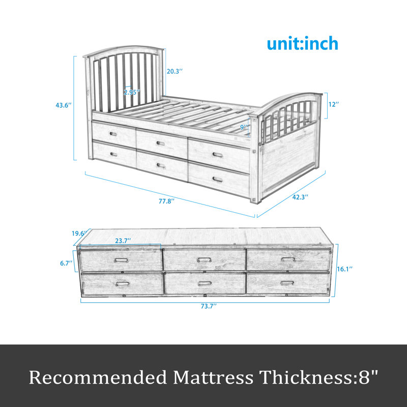 Twin Size Platform Storage Bed Solid Wood Bed With 6 Drawers