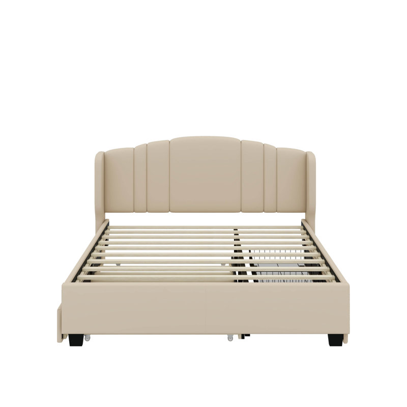 Grand lit plateforme tapissier avec tête de lit à oreilles, lit gigogne et tiroirs, Beige