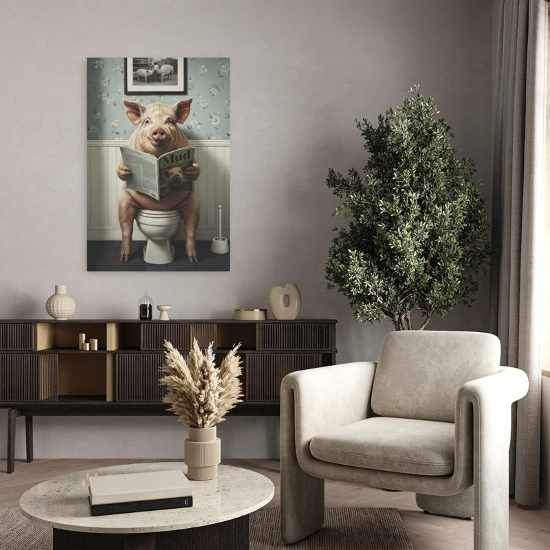 Happy Pig Reading Mud 1 Piece Wrapped Canvas Wall Art, 91.44 cm H x 60.96 cm W