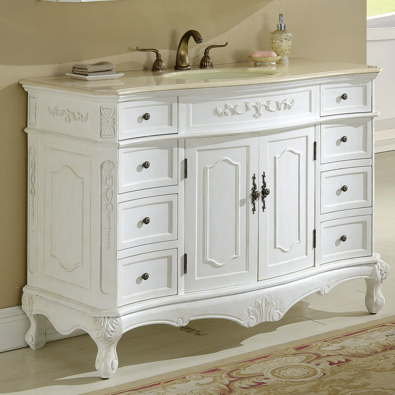48'' Single Bathroom Vanity with Marble Top, Antique White, White