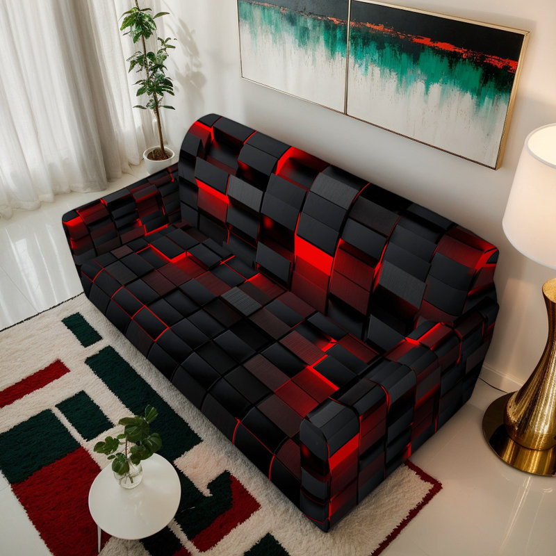 Housse de chaise extensible à motif cube 3D noir et rouge, microfibre 90 g/m², 140 cm de large, lavable à la machine