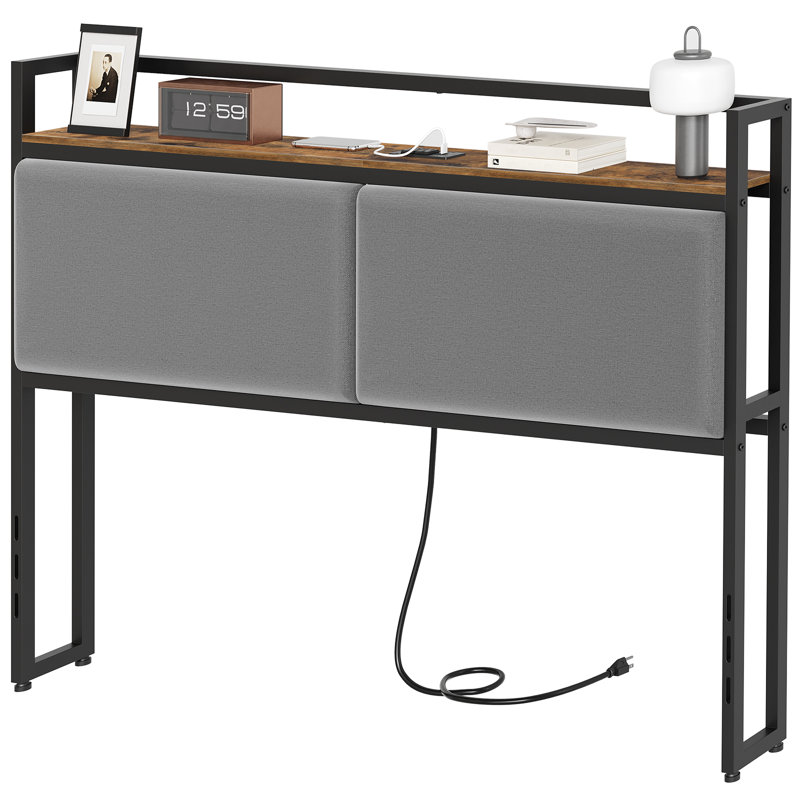 Upholstered Headboard with Charging Station and Open Storage, Queen