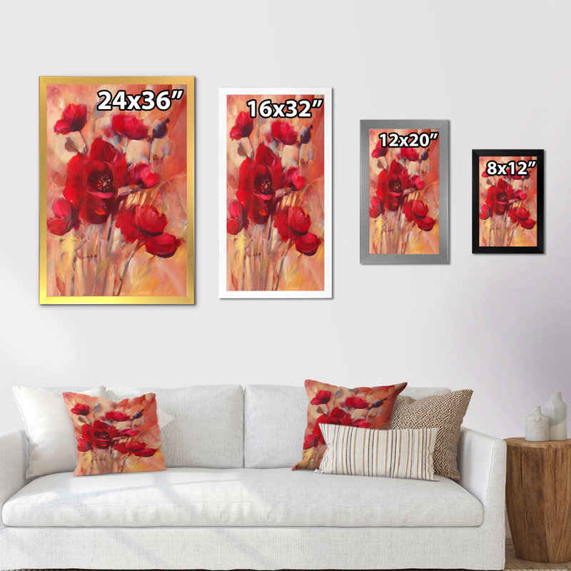 Red Blooming Poppies II - décoration murale traditionnelle sur toile, Cadre photo noir, H 20 po x l 12 po x P 1 po