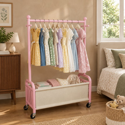 Armoire à roulettes rose à hauteur ajustable pour enfant avec sac de rangement en tissu pour ranger les vêtements, les jouets et les chaussures