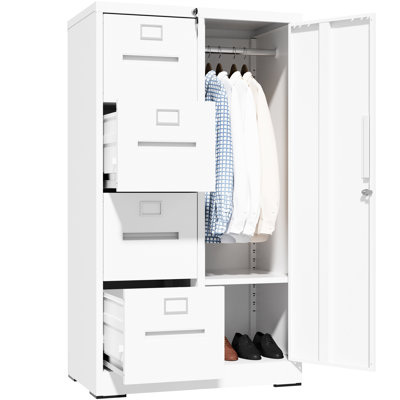 White Metal Storage Cabinet For And Office, 4 Drawers With Full - Extension Suspension, Adjustable Hanging Rails A4/f4 Files, Secure Lock 1 Door Home Smooth Operation, Spacious Easy Assembly