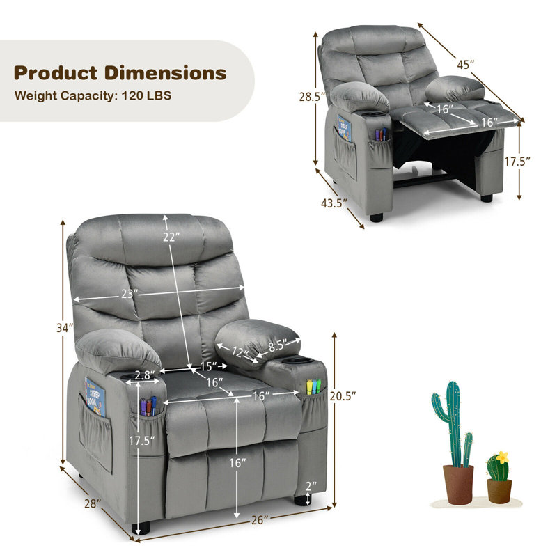 Torresdale Kids Recliner with Cup Holder, Gray