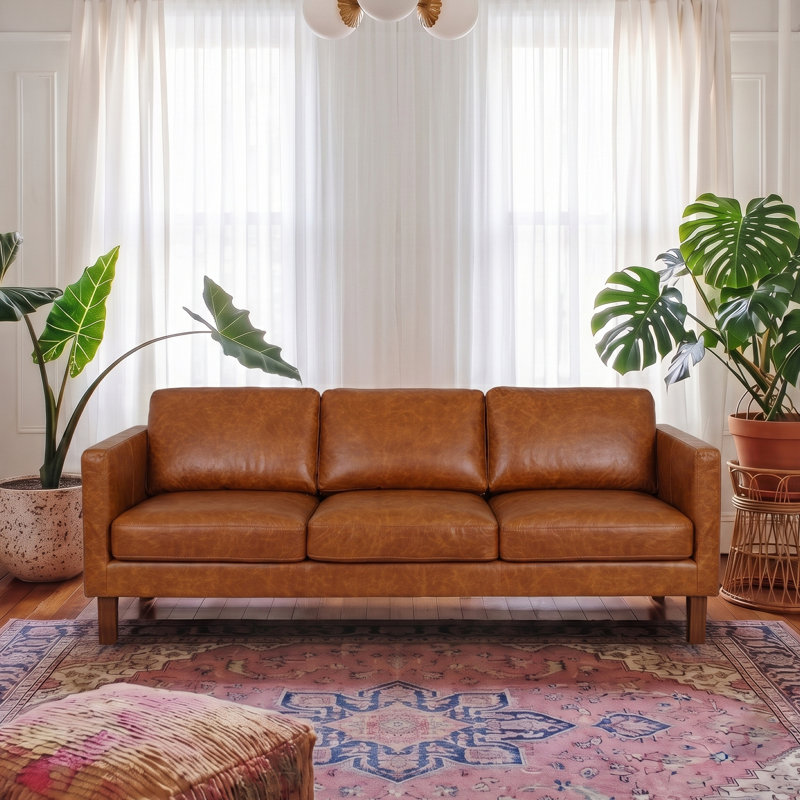 Denzerville Mid-Century Modern Genuine Leather Couch