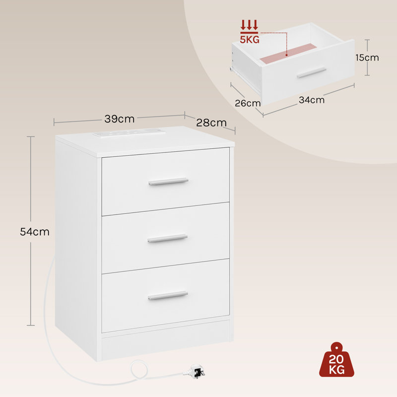 39cm W Bedside Table, White