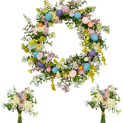 Couronne d'œuf de Pâques colorée pour porte d'entrée - couronne florale artificielle de 24 pouces avec base en rotin véritable, verdure luxuriante, 2 bouquets assortis, décor de maison de campagne, 24 pouces