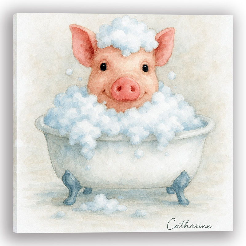 «Bubble Bliss - Pig in Bathaign», art mural sur toile tendue, H 20 po x l 20 po