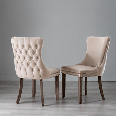 Upholstered Dining Side Chairs, Set of 2, Linen Beige Velvet with Nailhead Trim, Solid Wood Legs, 27.4 L x 20.4 W x 37.4 H