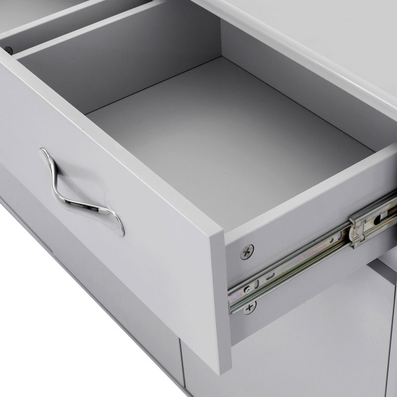 Table d'appoint grise avec 3 portes et différents compartiments de rangement avec glissières en métal E1 Degree pour une utilisation en douceur