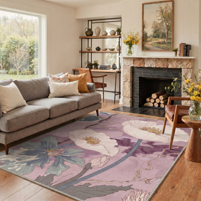 Tapis intérieur blanc / mauve lavable à la machine avec envers antidérapant Asteria Boho, Rectangle 84 po x 60 po