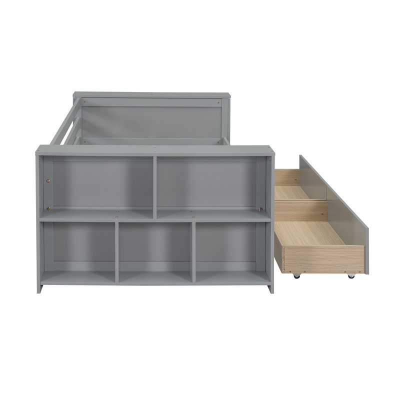 Lit de jour simple avec tablettes et tiroirs, gris