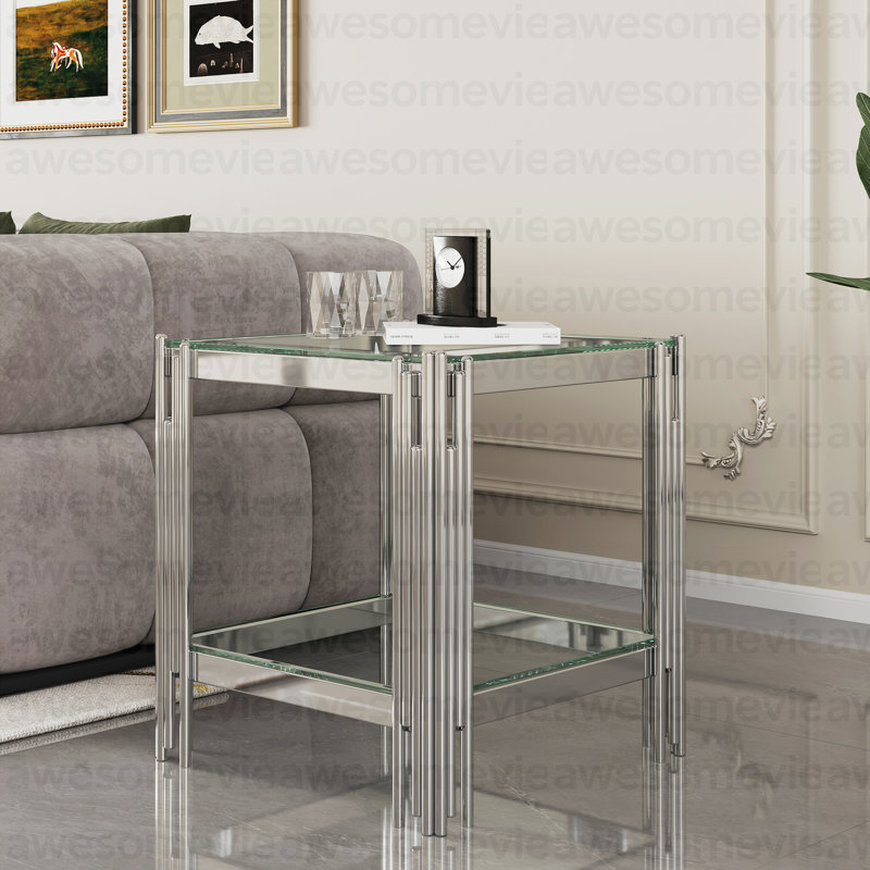 Table de bout moderne en verre trempé avec structure en acier inoxydable argenté