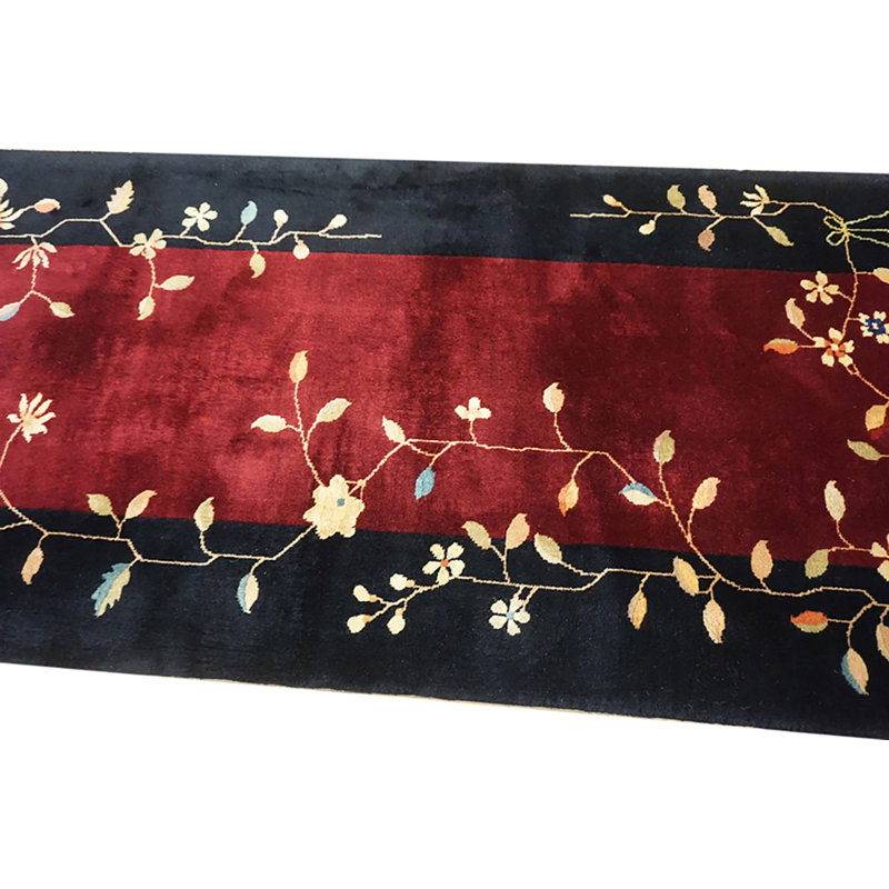 Wool Pile Antique Deep Red Color Chinese Art Deco Hallway Runner Rug