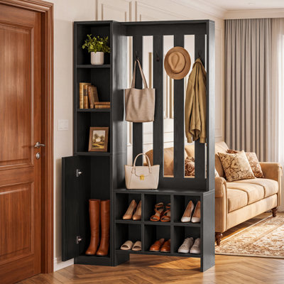 Cloison 70 po x 70,87 po avec banc et portemanteau, cloison autoportante en bois, noir