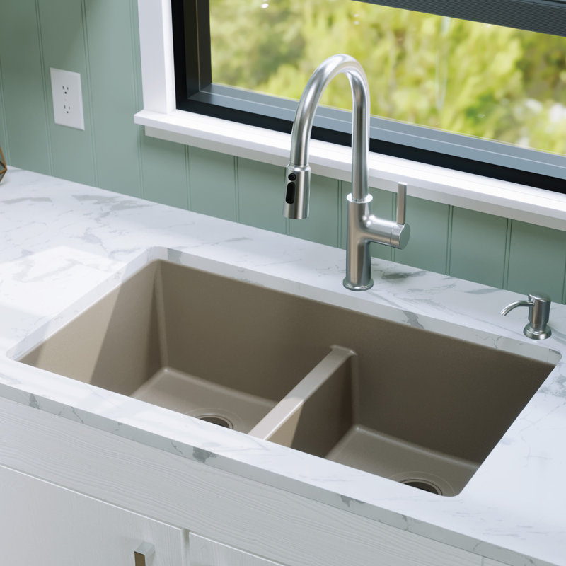 Karran Quartz 32'' X 19-1/2'' 50/50 Double Bowl Composite Undermount Kitchen Sink, Concrete