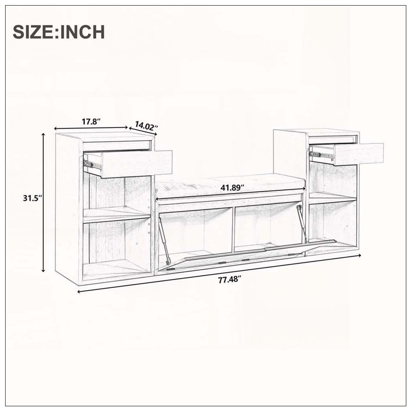 Banc de rangement tout-en-un avec coussin, compartiments, tiroirs et tablettes ouvertes, banc de rangement, Blanc