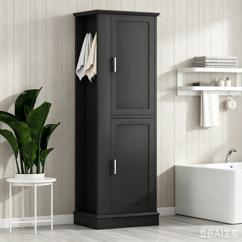  Freestanding Tall Bathroom Storage Cabinet with Hook and Adjustable Shelf, Black