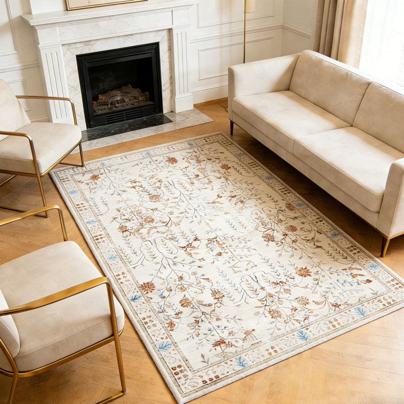5x7 Area Rug for Living Room, Vintage Retro Boho Rug, Washable Non Slip & Low Pile Carpet for Living Room, Bedroom, Dining Room, Beige
