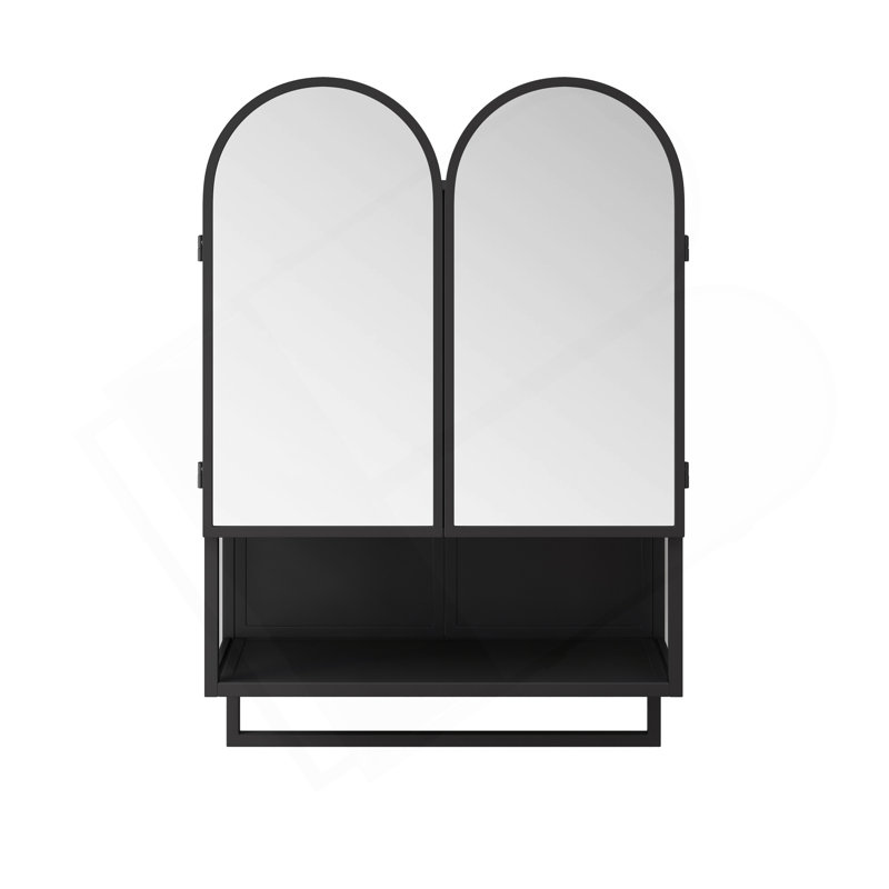 23.62" Modern Double-Arched Mirror Cabinet,2 Doors Medicine Cabinet, Metal Wall Cabinet With Open Shelf And Towel Rack, Mirror Cabinet With Storage For Bathroom, Living Room And Bedroom, Black