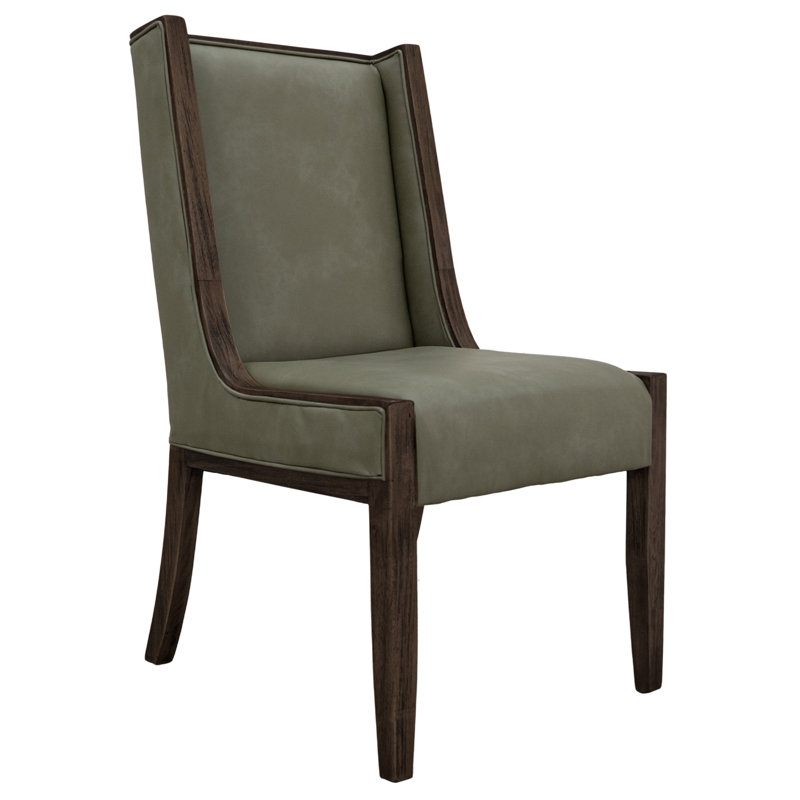 Ensemble de 2 chaises d'appoint de salle à manger Eray, bois massif, teck, similicuir noir, Vert olive