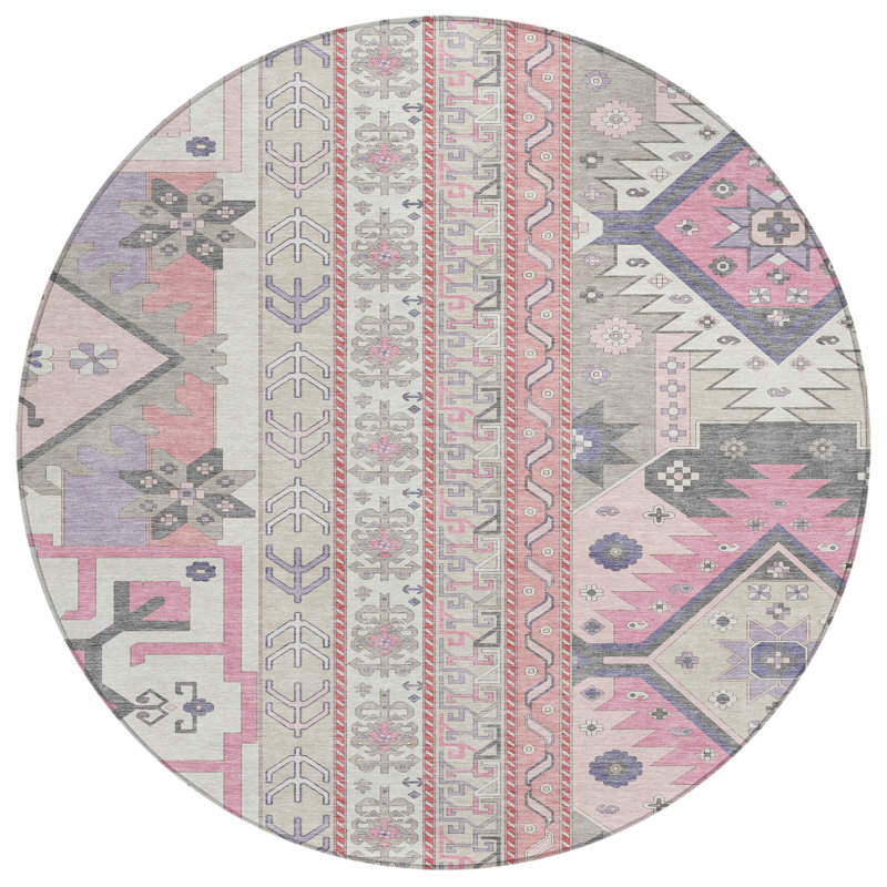 Machine Washable Indoor/Outdoor Chantille ACN1015 Pink Rug, Round 8'