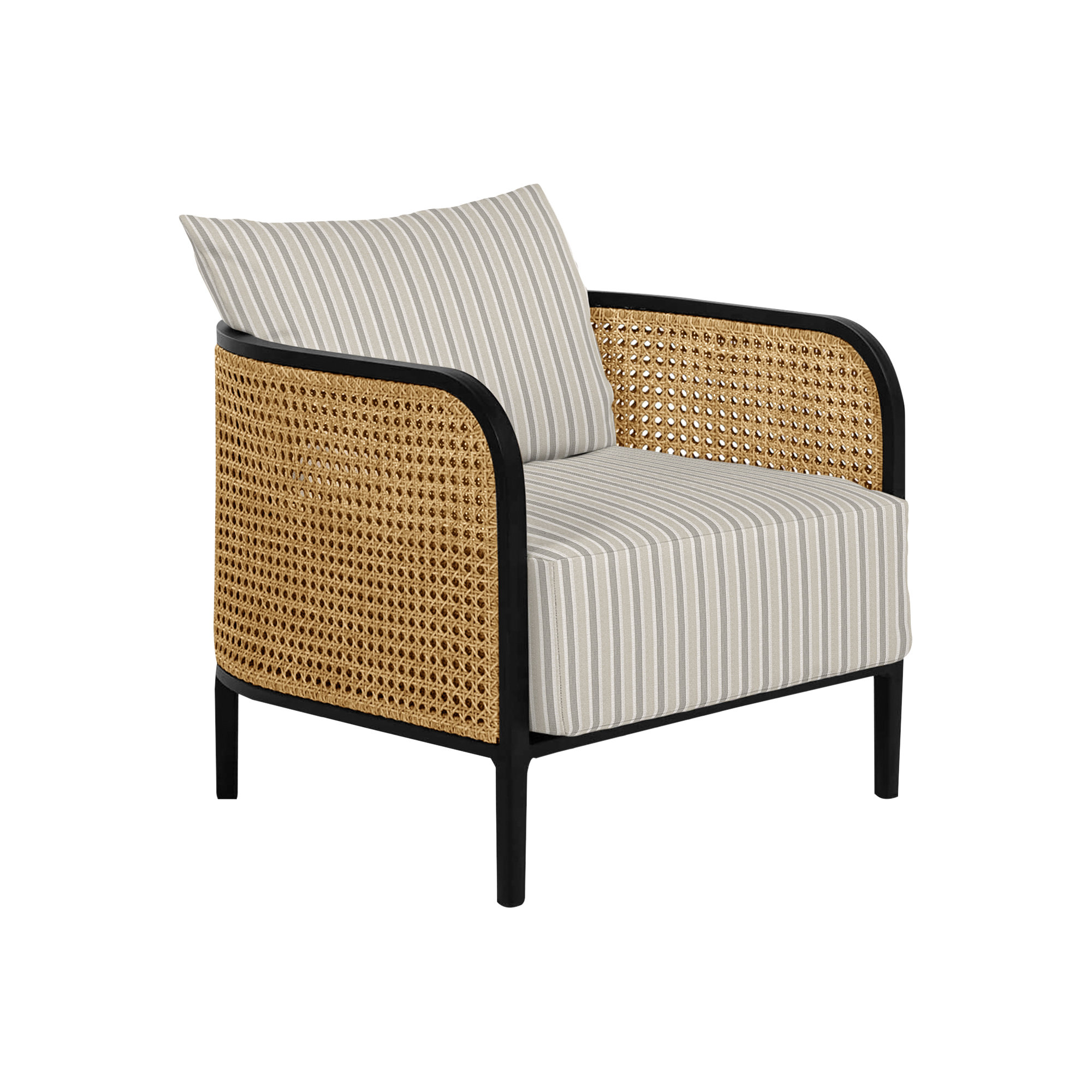 Havana Cane N-Dura Resin Wicker Outdoor Lounge Chair, Perigold Piccadilly Stripe Ash, Havana #84 Black-Natural Resin