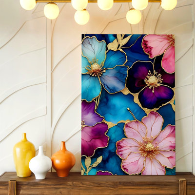 Flower Canvas Wall Art Print, Blue Pink Gold Floral Abstract Modern Decorative Artwork For Living Room, Bedroom, Hallway, Entryway, And Gallery Wall Decor, Modern Home Accent