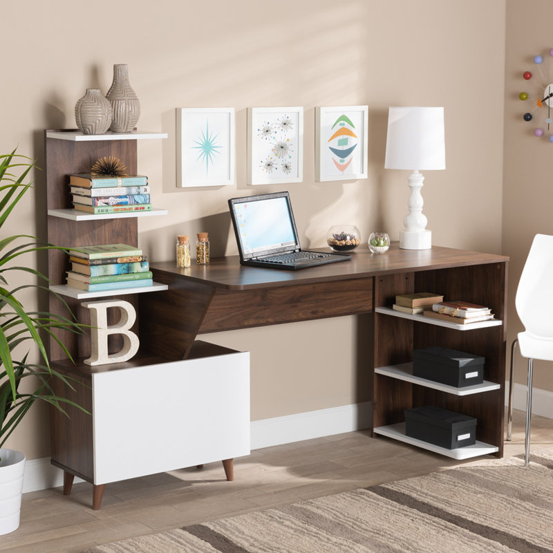 Droitwich Computer Desk With 6-Shelves in White and Walnut Finish, 46.94'' H X 60.53'' W X 23.51'' D